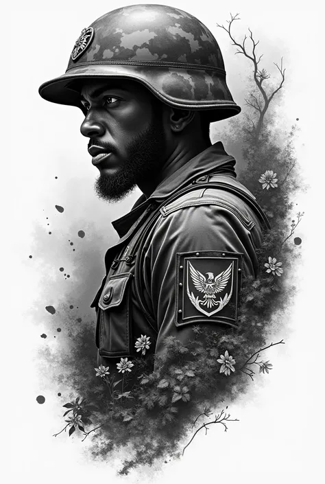 Give me a black and white tattoo with a militarism theme, looking for references in the Brazilian army 