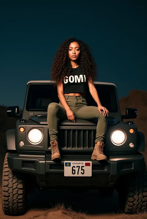 A beautiful stylish curly hair girl sitting ontop a landcruiser in the night time with GOMI written infront of her shirt clearly wearing a khaki trousers and boots and 675 written on the plate number 