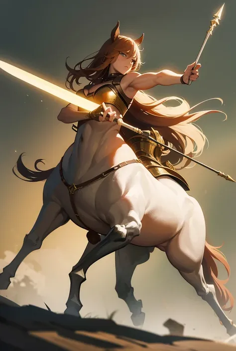 A female centaur warrior wielding a long spear on the battlefield. The upper body is human and the lower body is horse.