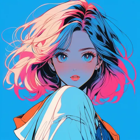 Illustrator, anime , Realistic ,sketch , 1girl in, ,lip, order, Blue gradient background, Neon Hair,textured crop, Canadian, (masutepiece,Best Quality)、Upper Body