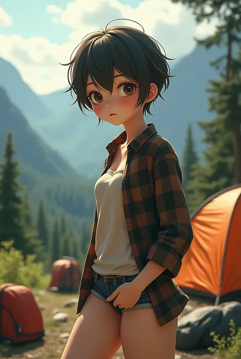 High-resolution images, Best Quality, (Round face), Pose, Realistic eye size, Droopy eyes, Check shirt, (Slap your crotch on the corner of the table、Masturbate), Big Sky, Mountain々, In the forest, sunlight, Very short hair, (Many camping equipment),