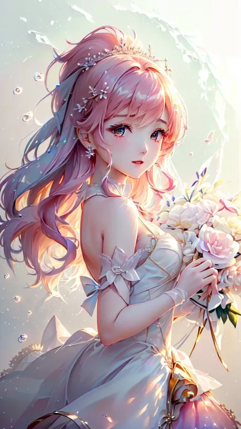 Inspired by cherry blossoms、Shiny Dress、Soft Lighting. Splash 、Glowing Water Surface 、White and vibrant colors 、Under the captivating backlight、Shiny ivory skin, Shining Highlights, Detailed cute face with pretty lips, Long eyelashes, Delicate lace dress, ...