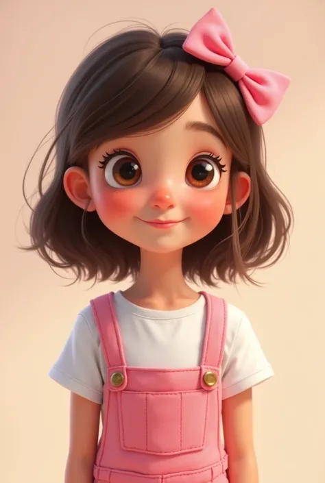 A Pixar style with shoulder length hair, a baby pink bow in her hair, smiling eyes and slightly pulled brown hair, wearing baby pink dungarees and a white t-shirt