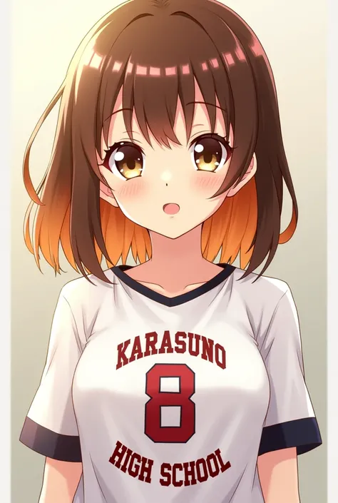 A girl with brown hair mixed with orange with almost straight hair and bangs, brown eyes with karasuno high school t-shirt from haikyu anime! with the number 8