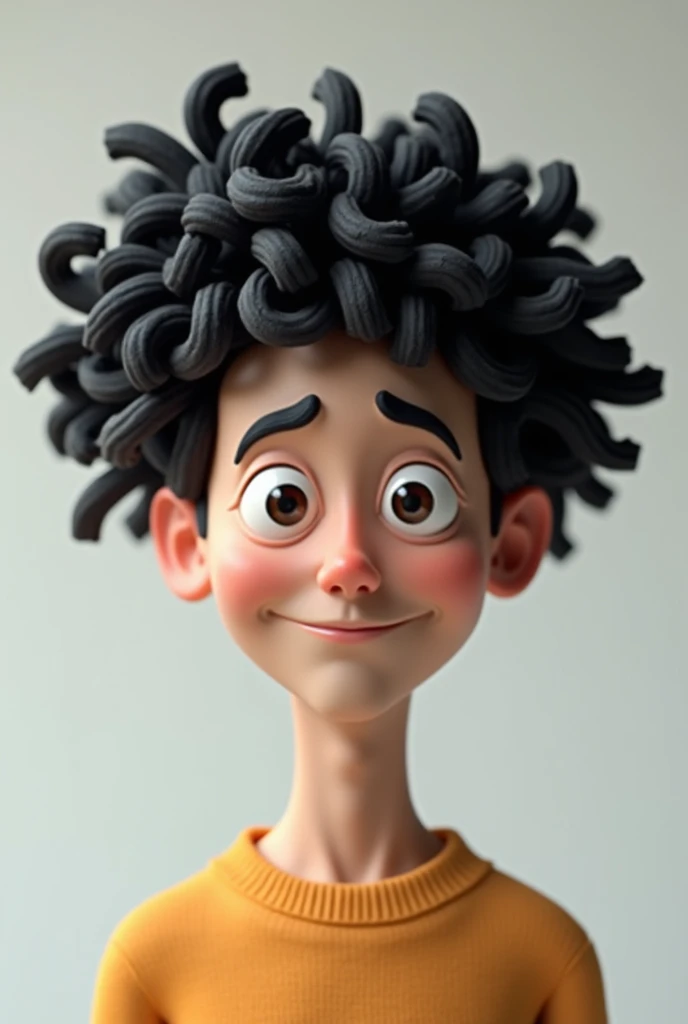 man with black curly hair, pasta hair, 3d man, simple