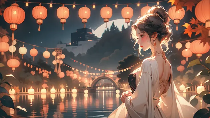 Autumn Night, Lanterns, 1 woman alone, cleavage, hands in her back, Sweet Nighttime Experience