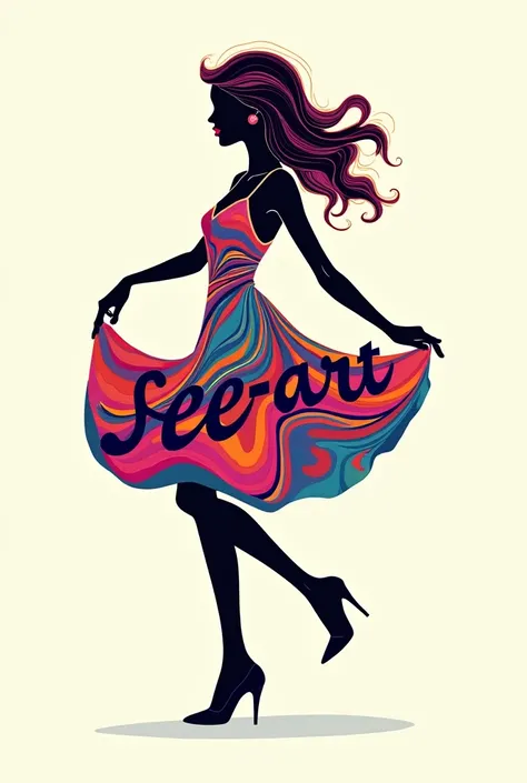 The text "See-Art" is designed inside the silhouette of a woman. The woman is a colorful silhouette animation, dancing in a flared skirt dress and high heels. The skirt hem is flared out. The whole silhouette is in colorful psychedelic colors, reminiscent ...