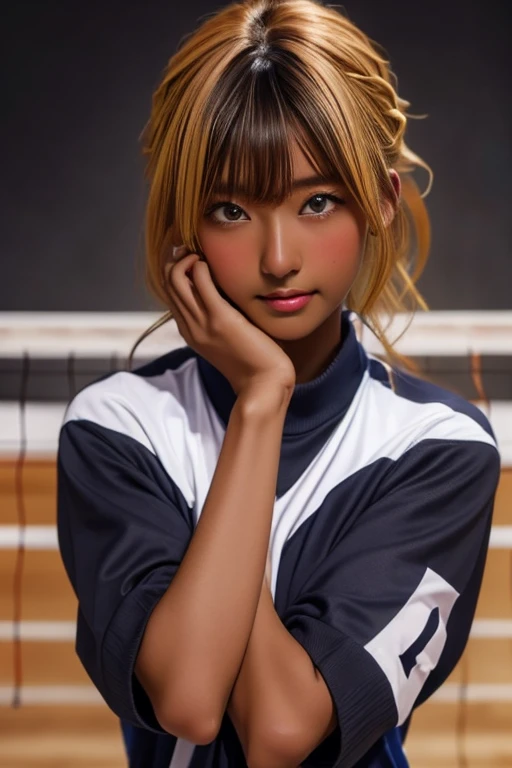 (((( one girl )))), Put your hand over your mouth、Beautiful breasts、 Brown eyes, ((Gal Hairstyles)) blonde, girl, (Eye and facial details:1.0), break, (masterpiece, Highest quality, Very detailed, Detailed face, 8k),( dark skin:2.05 ), (((( volleyball unif...