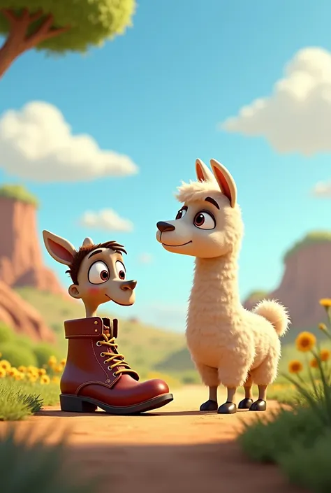 Generate a cartoon of a shoe, Talking to a llama, Pixar style 

