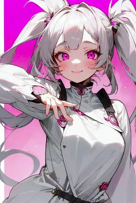 solo、girl、High resolution, Gray Hair, smile, Pink eyes, Slanted Eyes, Three white eyes, Simple Background, Character portrait, Twin tails, 