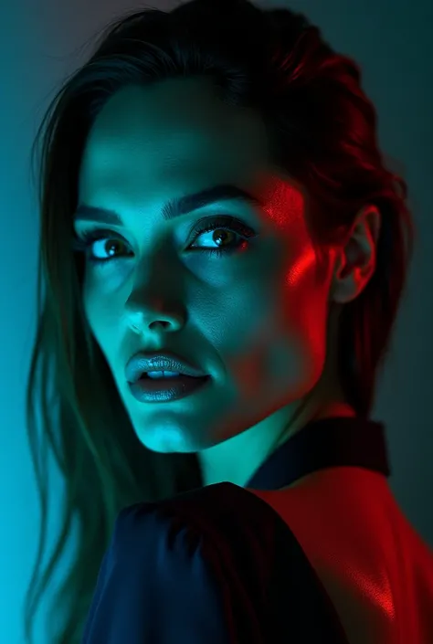 Portrait of Angelina Jolie with blue-green lights illuminating most of it and red lights coming from below in a studio with an empty background, Half body