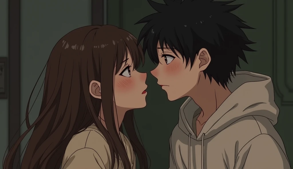 A brown haired girl e girl kissing a pale and tired black haired boy wearing baggy clothes 、live-action、real