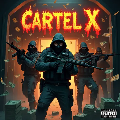 4 Bandits in balaclavas with bulletproof vests armed with rifles, blowing up the bank vault, flying money notes, letters of fire dripping blood written Cartel X Bank Robbery, parental advisory logo in the bottom right corner 