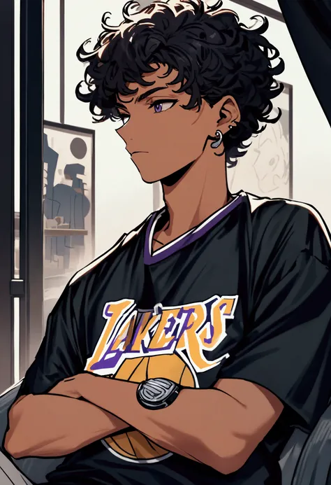 Adult black boy, with small earrings, lakers shirt, curly hair 2D drawing