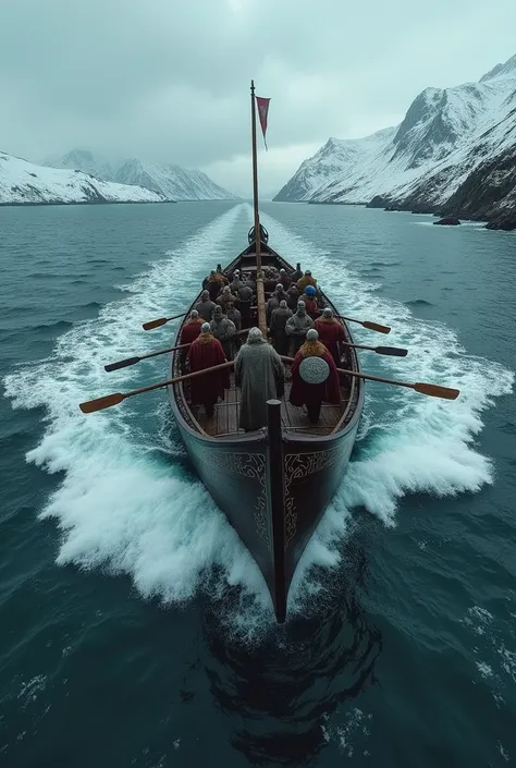 "Top-down view at a 90-degree angle of a Viking ship positioned completely horizontally on the sea. The ship is filled with Viking warriors, all seen from behind as they face forward, wearing armor, fur cloaks, helmets, and holding shields and spears. The ...