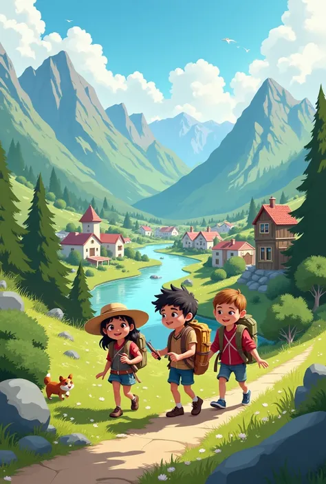 small town surrounded by mountains and rivers, three inseparable friends: Well, Thomas and Carla. They were known as the "Little Explorers". They were always looking for adventures and mysteries to discover..  children children, in drawings 