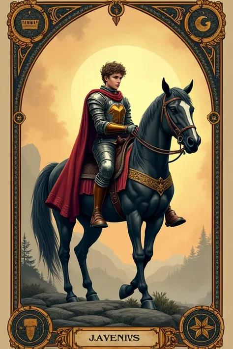 ((best quality)), ((masterpiece)), (detailed), Tarot card style,page,Apprentice Knight,horse,boy