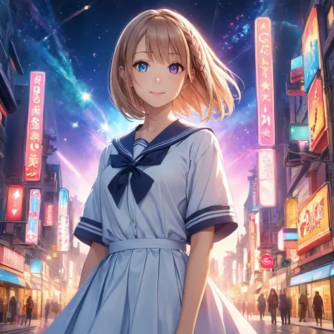 (Yuki Asuna:1.2), a cute young girl with a slight hint of childishness, has a milk tea beige angled short bob hairstyle with one side styled up with a partial braid. She features (heterochromia:1.3) with one vivid pink eye and the other a distinctly differ...