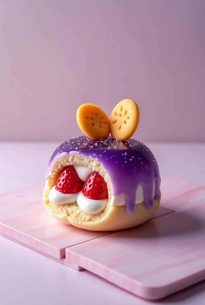 A cake-type dessert, small and round in the middle so that you can see cream and strawberries and on top some potato cookies, covered with a purple jelly