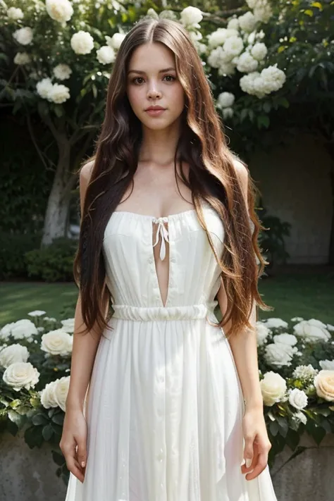 work of art, best quality, ultra high resolution, (photorealistic:1.4), Rachel Bilson, (long straight hair:1.2), (Looking at the camera:1.2), (gently comb the hair away from the face:1.2), shiny skin, long dress, garden with flowers, white roses