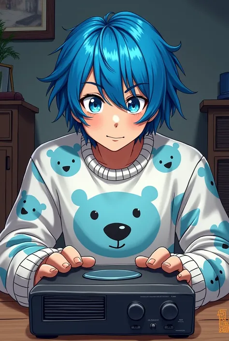 Drawn male character with blue hair and a polar bear gamer sweater sitting in front of a set-top box
