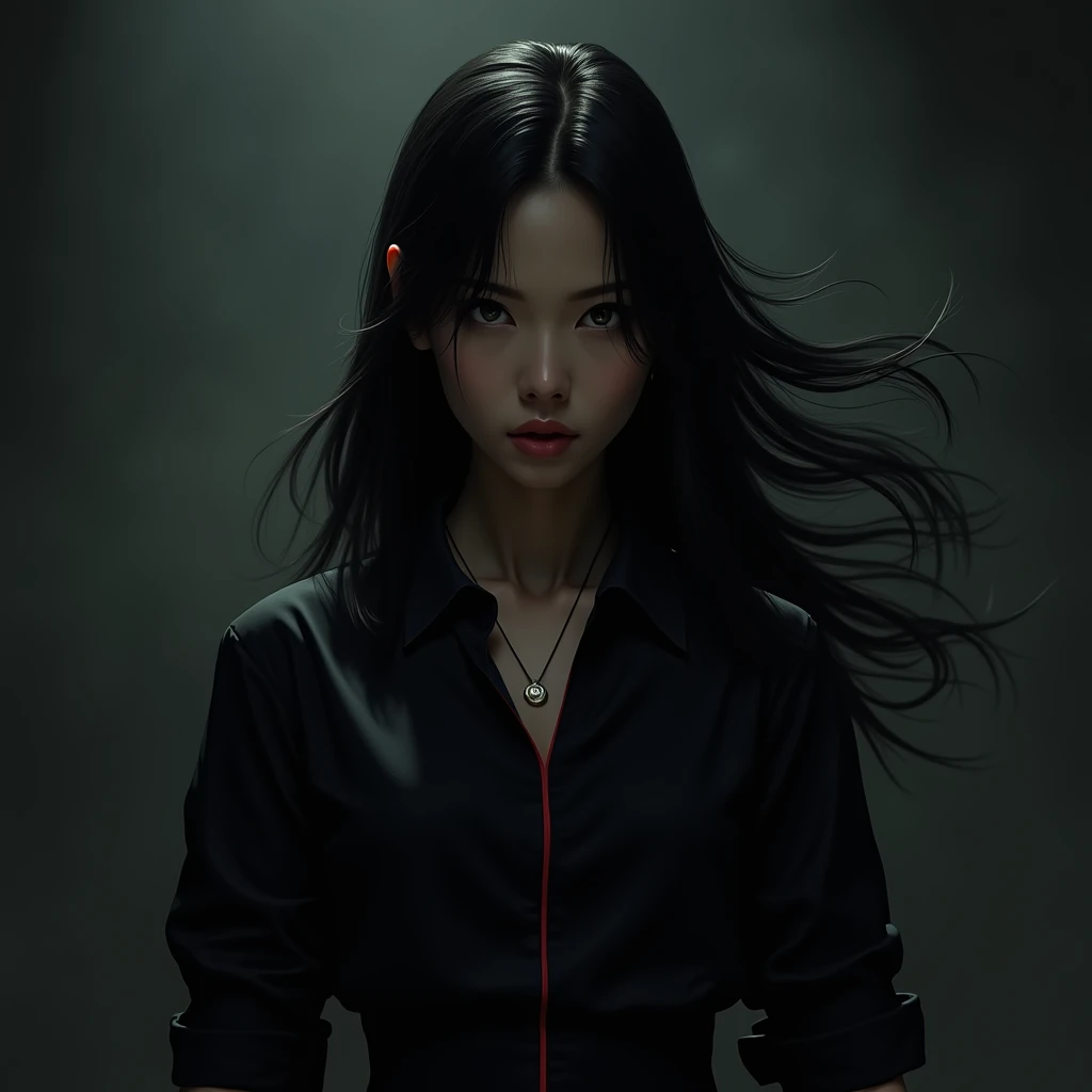 A Korean woman becomes a mafia in a black shirt with long black hair and a red line holding a karambit against a dark background 