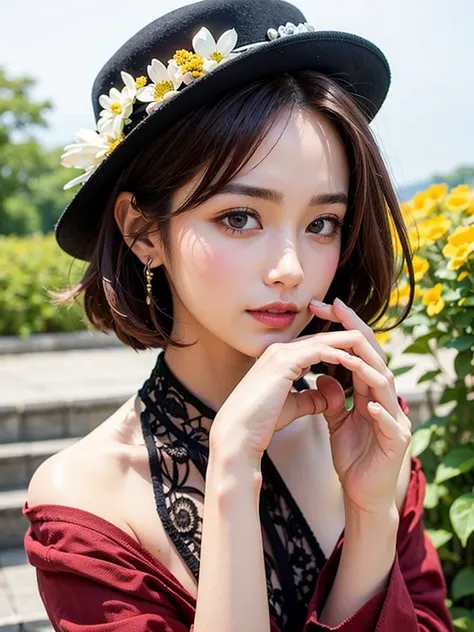 Best Quality, masterpiece, Attention to detail, Intricate details, Lots of flowers all over the screen、Mysterious Autumn Woman, Red dress、profile、Wear a stylish hat、Chestnut-colored hair、Beautiful hair、Wear Jewelry、Model-like style、Model-like pose、Full Bod...