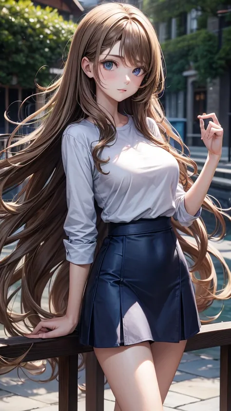 1 girl with long light brown hair with waves, blue eyes medium breasts, slim waist casual wear