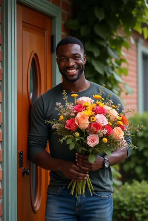 Generate an image of a handsome dark black man holding bouquet of flowers whiles knocking on a door