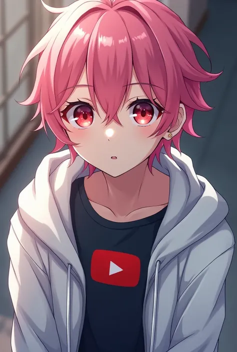 Anime boy with pink hair and a white hoodie inside has a black shirt with the YouTube logo and his eyes are red