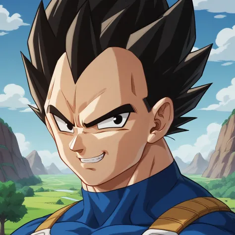 vegeta, with his typical hair, male, black hair, black eyes, spiky hair, high resolution, masterpiece, high details, landscape b...