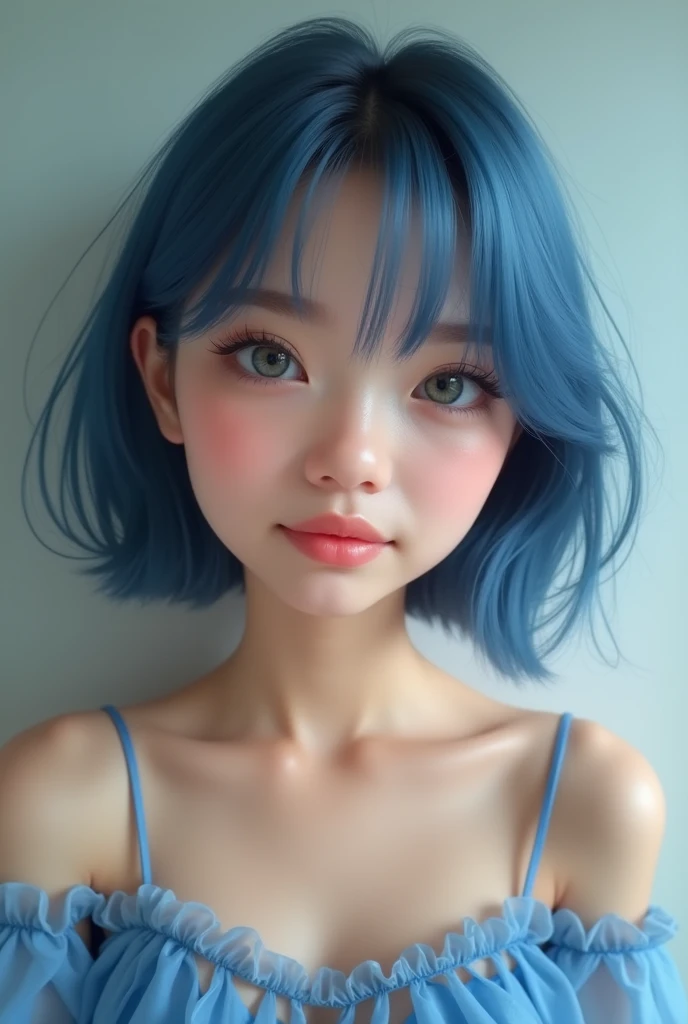 Selfie,Very detailed, Very realistic, Hyperrealism, Ultra-realistic, Best Quality,Lips Ads,Smiling a little,Lips extend onto the cheeks,(masterpiece,Soft lighting, Stylish eyes with attention to detail: 1.2),with off-shoulder sheer blue tops,The gaze is di...