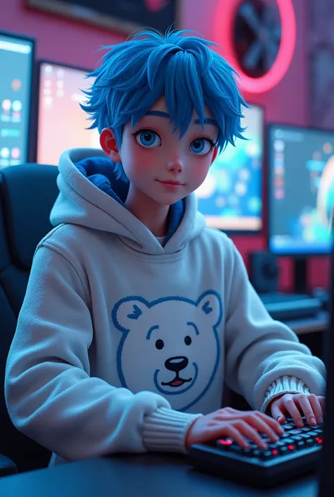 Custom male character with blue hair and a polar bear gamer sweater sitting in front of a setap
