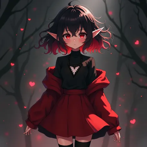 anime girl, curly hair, black at the ends red, small red eyes,black blouse with white triangle neckline, red jacket that has a red skirt with a smooth middle and wavy sides, black sleeves that show the shoulders, elbows and fingers, long black socks that s...