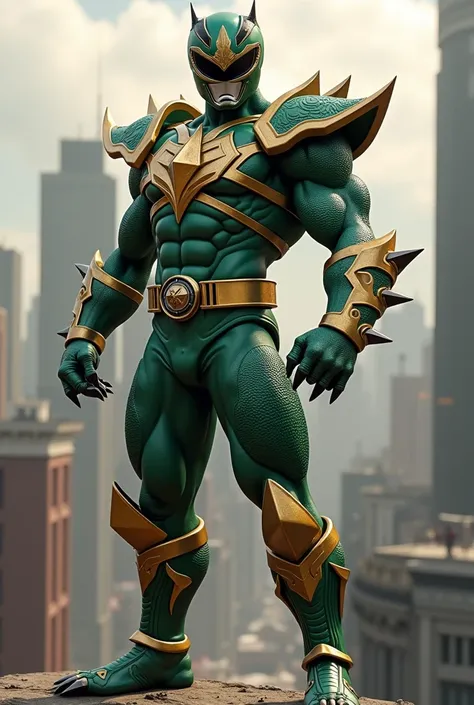 Detailed picture of a male olive green power ranger that uses a crocodile as a motif, A helmet obscures their face, no cape, many fangs on his hands, taking a fighting pose on the building, alone