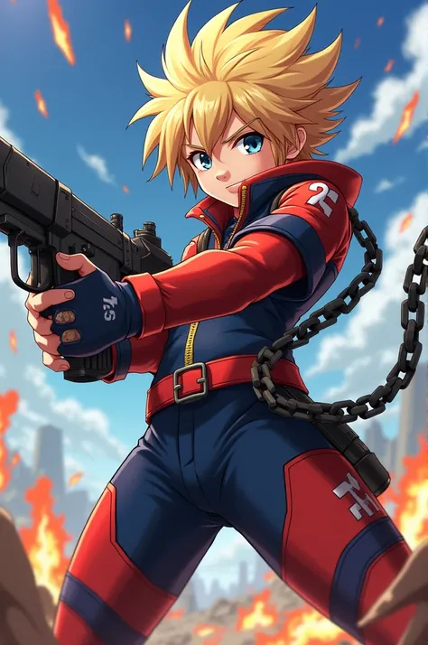 Eleven,strong,with firepower,blond hair,with a chain with a blade at the end,Style anime