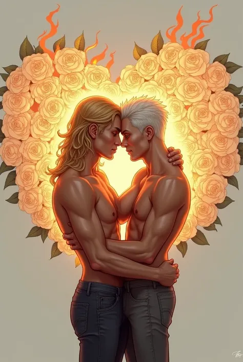 Man with long wavy blond hair accompanied by man with short spiky platinum hair and tanned skin, embraced in a heart of burning white roses. realistic drawing. 