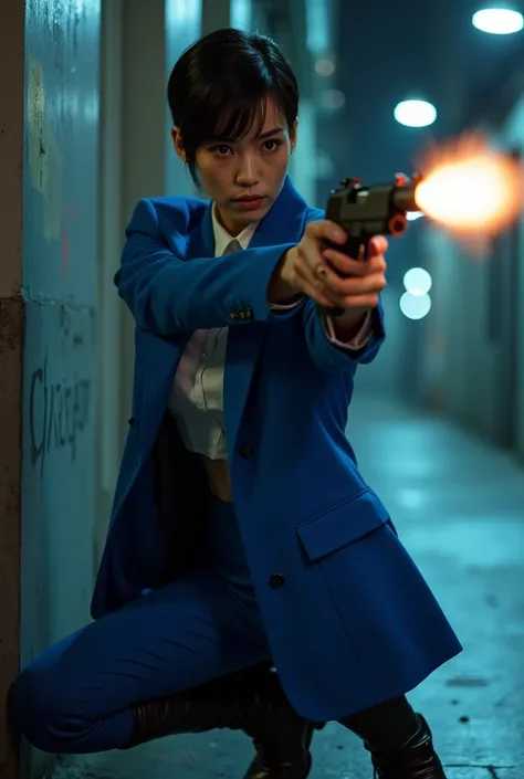 ((best quality)), ((masterpiece)), (detailed), 1 beautiful woman wearing a secret agent&#39;s blue suit ,tomboy hair ,wearing boots ,shooting with a gun ,city street background at night .