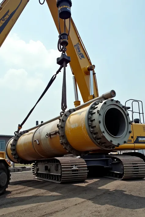 Hydraulic cylinder of an excavator being lifted by a crane
