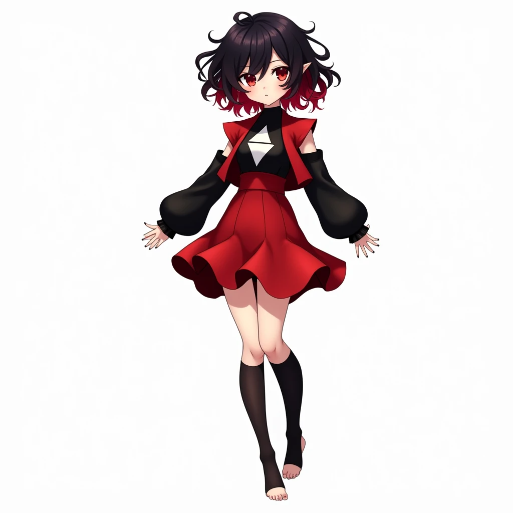 anime girl, curly hair, black at the ends red, small red eyes,black blouse with white triangle neckline, red jacket that has a red skirt with a smooth middle and wavy sides, black sleeves that show the shoulders, elbows and fingers, long black socks that s...