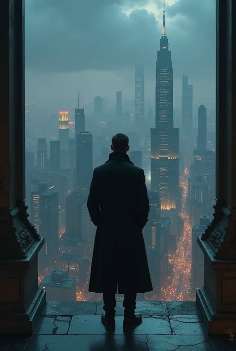 Create an illustration of a man wearing a trench coat, Standing, with his back to the observer, on the terrace of a building, overlooking a big city. The cityscape stretches to the horizon and features a mix of imposing Gothic structures and skyscrapers, r...