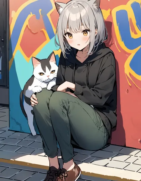 Tokyo street corner、A woman wearing street fashion poses in front of a graffiti-covered wall。A cat sits on her shoulder、Another cat is snuggling up to her at her feet.。Women&#39;s and cat fashions are beautifully linked.、Urban and cool atmosphere。