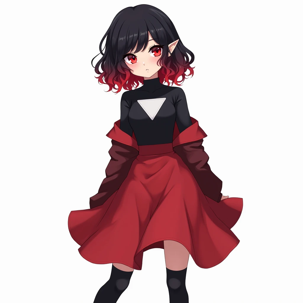 anime girl, curly hair, black at the ends red, small red eyes,black blouse with white triangle neckline, red jacket that has a red skirt with a smooth middle and wavy sides, black sleeves that show the shoulders, elbows and fingers, long black socks that s...