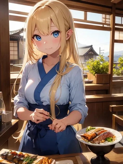 high quality, 8k. masterpiece, high quality, high resolution, izakaya、a beautiful elven woman with long blonde hair and blue eye...