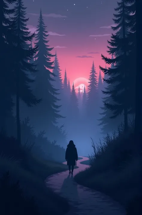 Cartton image A mysterious landscape at twilight, with a shadowy figure walking away down a winding path, disappearing into a misty forest. The sky has a gradient of purple and deep blue with stars barely visible.