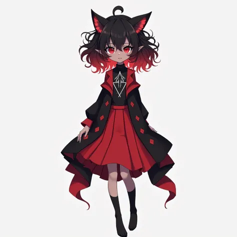 transparent background, Anime girl with curly hair, black at the ends red, small red eyes,black blouse with white triangle neckline, red jacket that has a red skirt with a smooth middle and wavy sides, black sleeves that show the shoulders, elbows and fing...