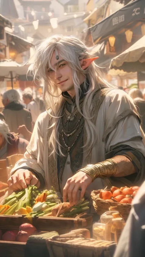 Anime-Series, A man in a white shirt stands in front of a market, weißhaarig deity, relaxed dwarf with white hair, sly smile, of an elden ring elf, Keqing aus Genshin Impact, A male elf, a portrait of a male elf, Handsome male elf, long, mit longen weißen ...