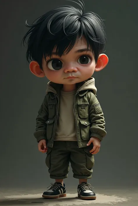 masterpiece, best quality, ultra-detailed, 8k, illustration, 1 boy, big head, rubber skin, full body, black hair, army jacket, black white shoes,dark background,