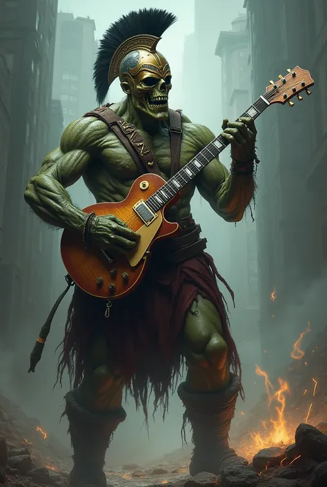 Original Frankenstein with gladiator helmet and electric guitar
