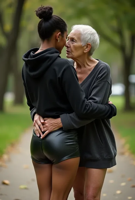 black woman hair in a bun black hoodie black leather short shorts bending over getting fucked in the ass by a old ugly woman in a dress in a park
